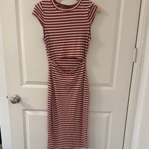 Striped Rust and White Midi Dress with Waist Cutout